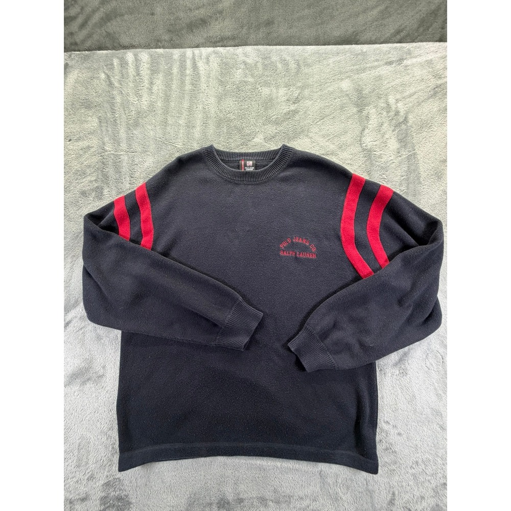Polo Jeans Co Ralph Lauren Mens XL Navy Blue Red Stripe Cotton Crewneck Sweater